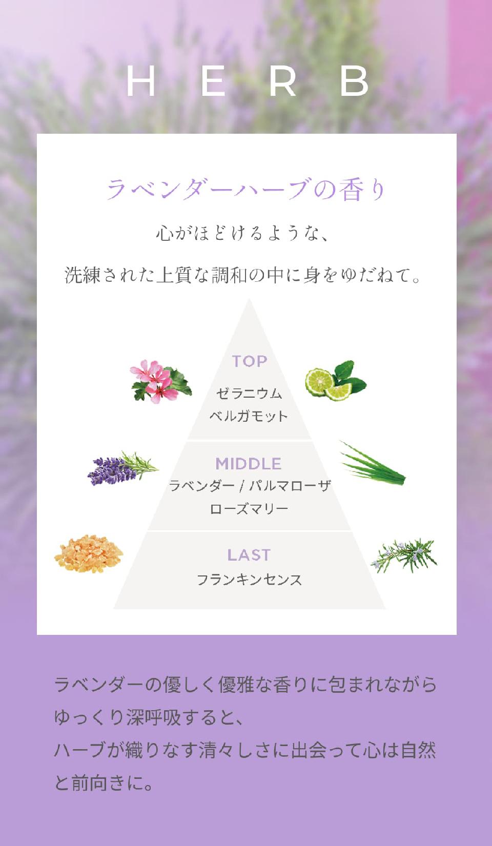 HERB　ラベンダーハーブの香り　心がほどけるような、洗練された上質な調和の中に身をゆだねて。TOPゼラニウムベルガモット MIDDLEラベンダー／パルマローザローズマリーLASTフランキンセンス　ラベンダーの優しく優雅な香りに包まれながらゆっくり深呼吸すると、ハーブが織りなす清々しさに出会って心は自然と前向きに。